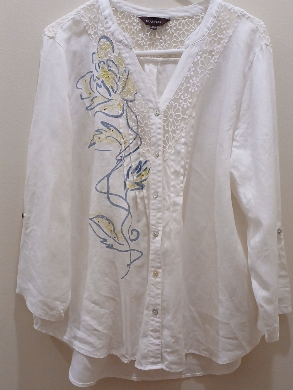Multiples Linen White Lace-Trim Button Front Top with Floral Accent